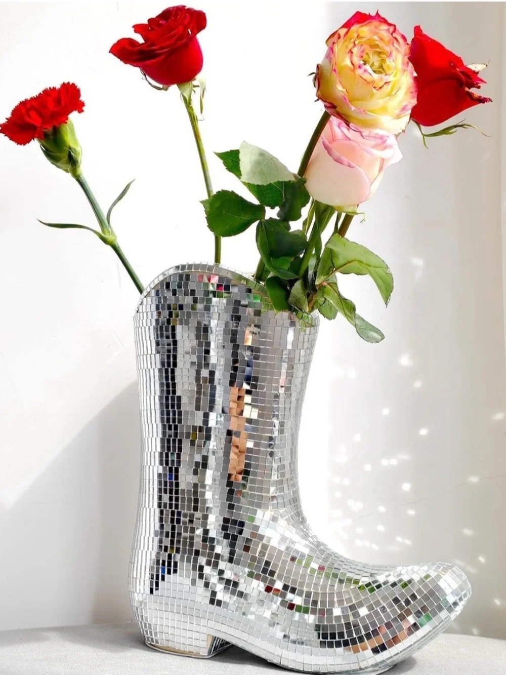 Mirrored Silver Mosaic Boot Vase - Decorative Party Planter